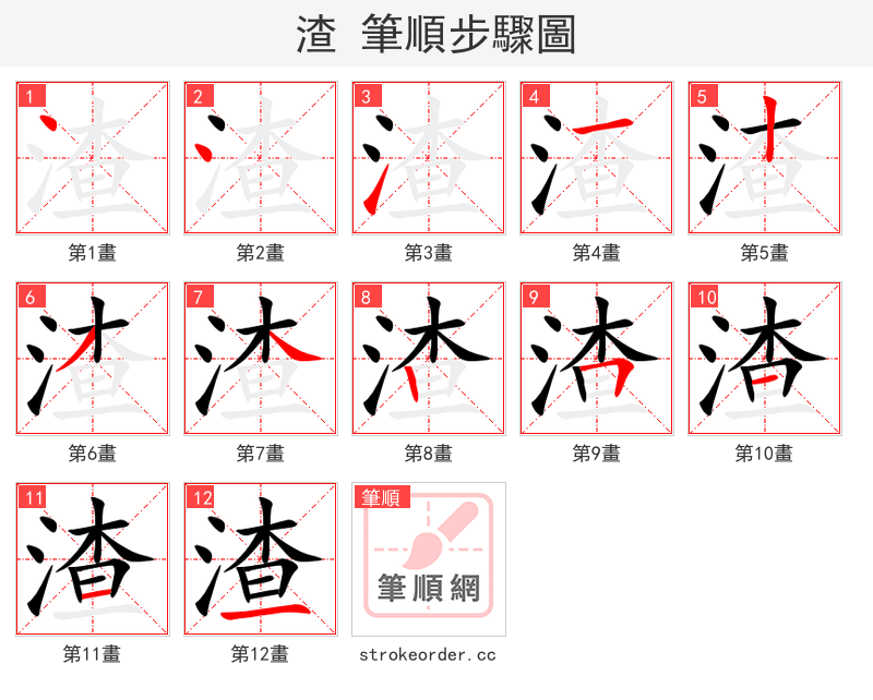 渣 的笔顺分步演示（一笔一画写字）
