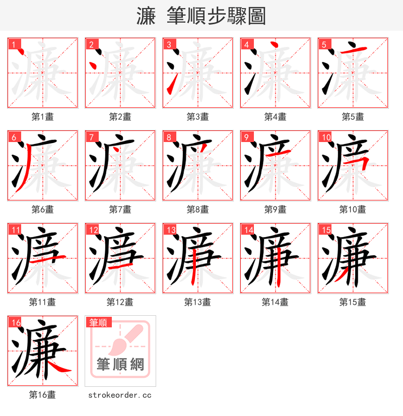 濂 的笔顺分步演示（一笔一画写字）