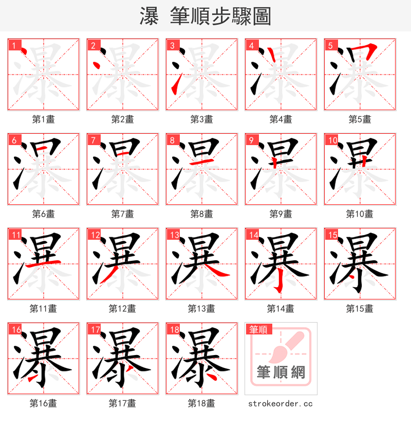 stroke order steps of 瀑