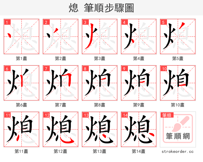 stroke order steps of 熄