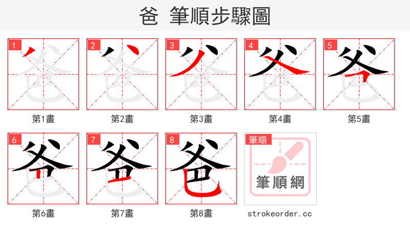 爸 的笔顺分步演示（一笔一画写字）