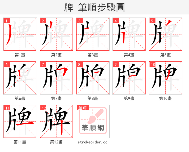 牌 的笔顺分步演示（一笔一画写字）