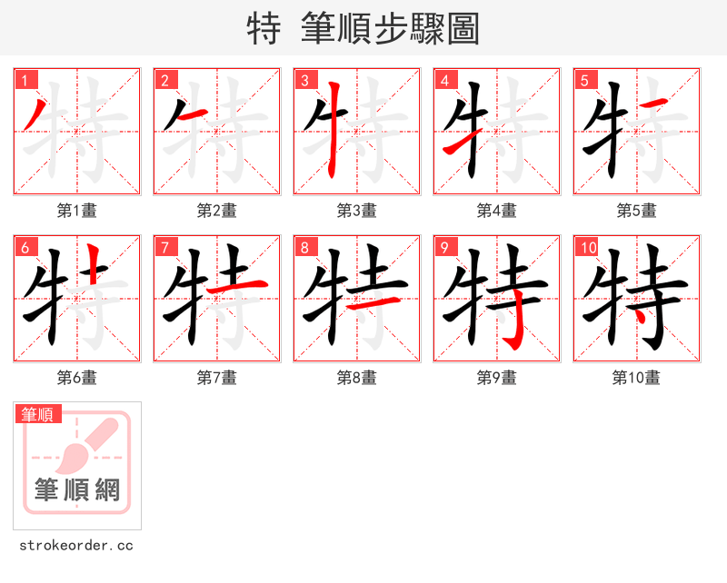 特 的笔顺分步演示（一笔一画写字）