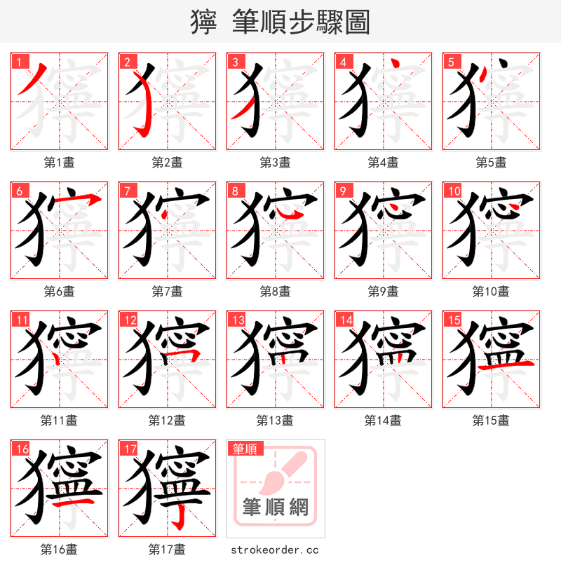 獰 的笔顺分步演示（一笔一画写字）