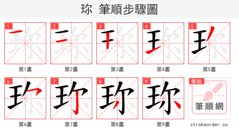 珎 的笔顺分步演示（一笔一画写字）