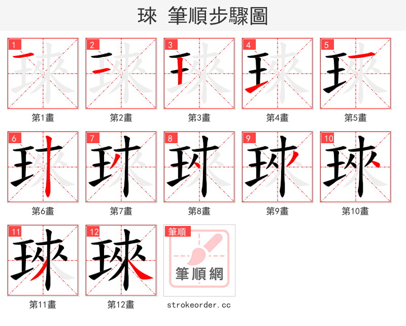 琜 的笔顺分步演示（一笔一画写字）