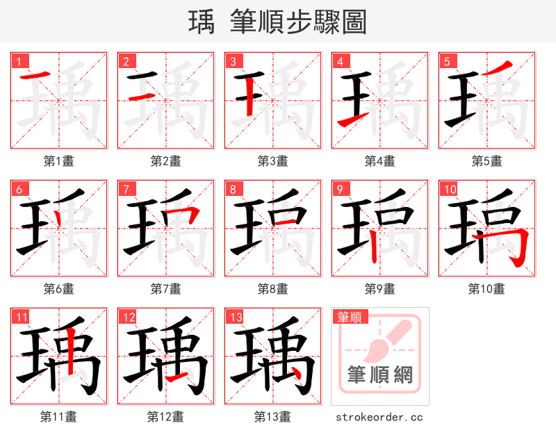 瑀 的笔顺分步演示（一笔一画写字）