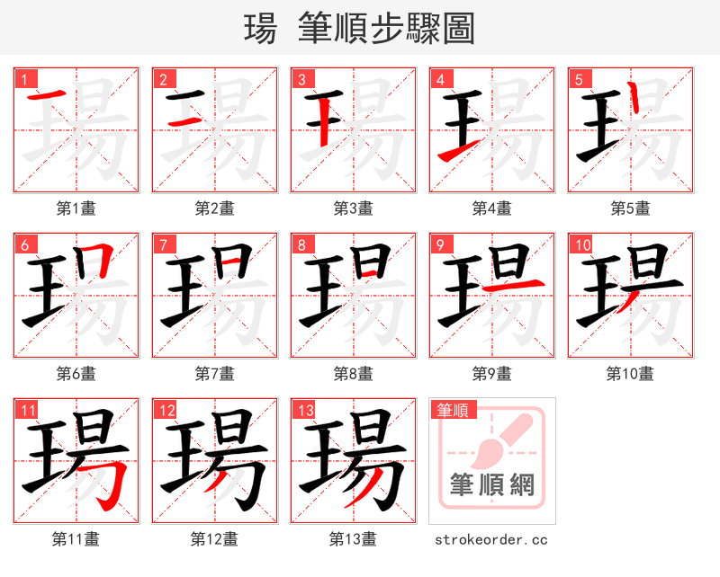 瑒 的笔顺分步演示（一笔一画写字）