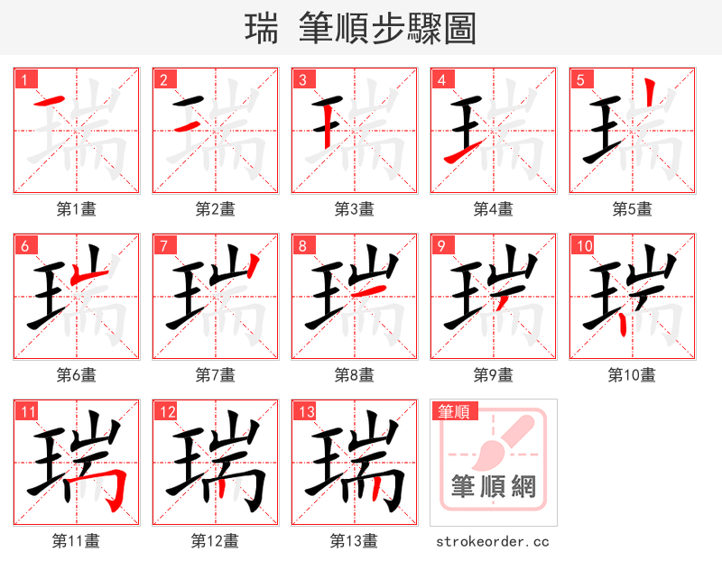 瑞 的笔顺分步演示（一笔一画写字）
