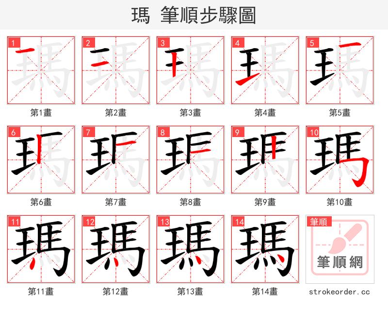 瑪 的笔顺分步演示（一笔一画写字）