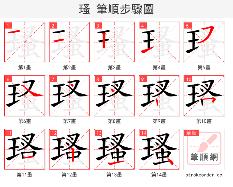 瑵 的笔顺分步演示（一笔一画写字）