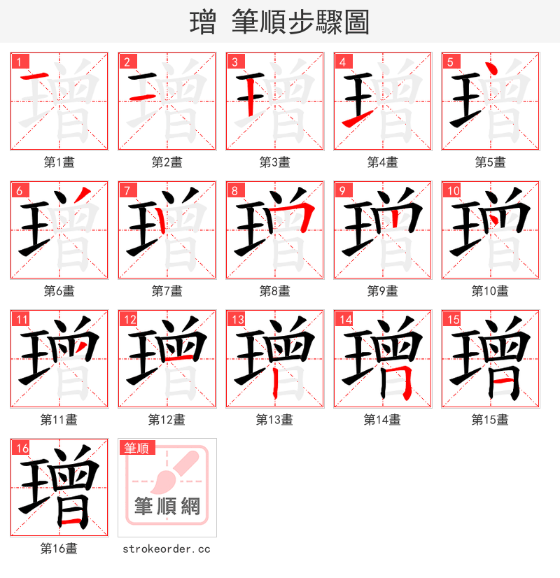 璔 的笔顺分步演示（一笔一画写字）