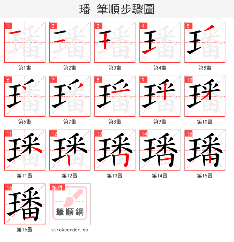 璠 的笔顺分步演示（一笔一画写字）