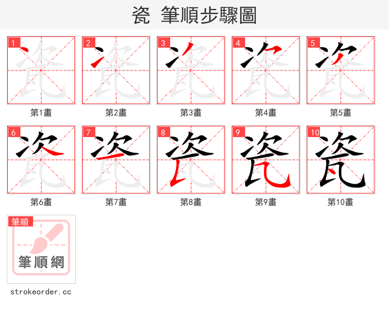 瓷 的笔顺分步演示（一笔一画写字）