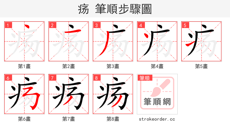 疡 的笔顺分步演示（一笔一画写字）