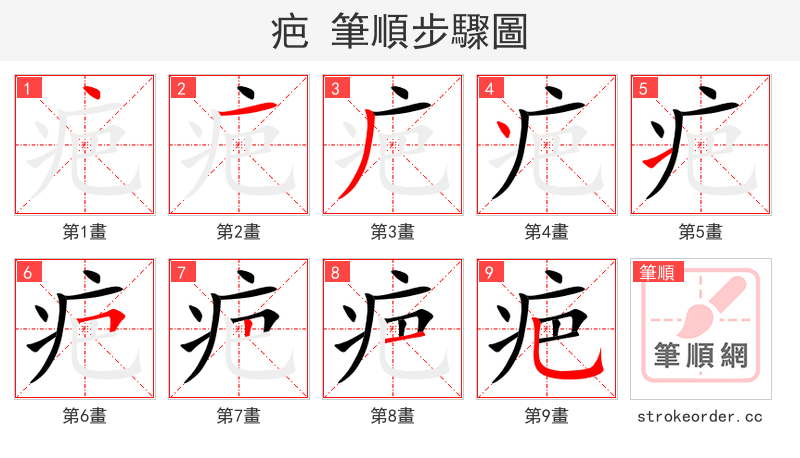 疤 的笔顺分步演示（一笔一画写字）