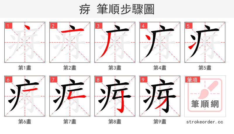 疨 的笔顺分步演示（一笔一画写字）
