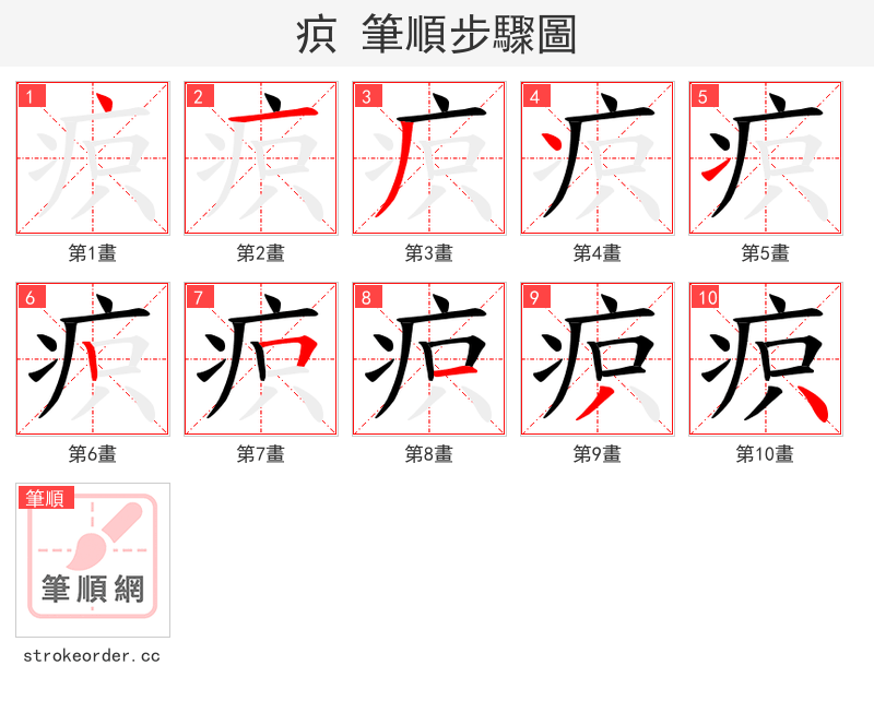 疻 的笔顺分步演示（一笔一画写字）