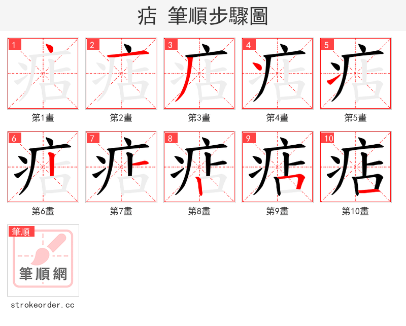 痁 的笔顺分步演示（一笔一画写字）