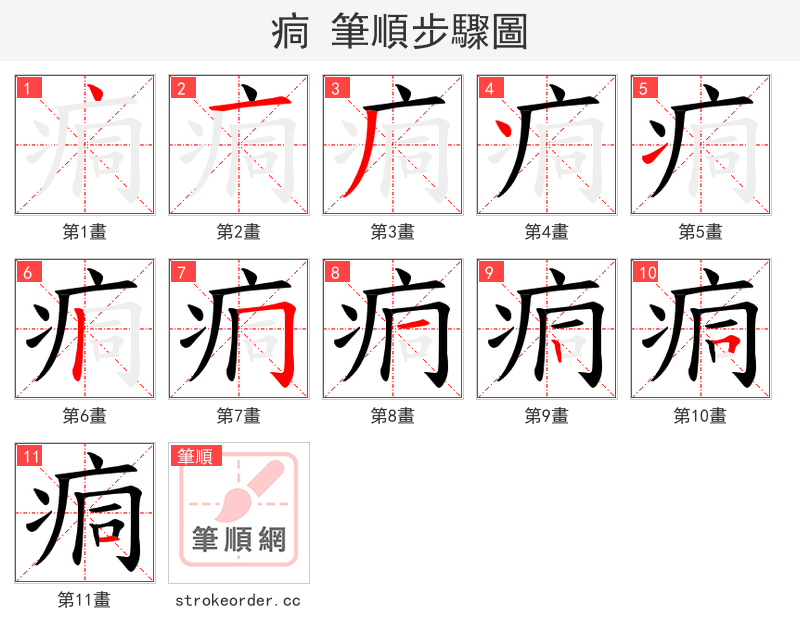痌 的笔顺分步演示（一笔一画写字）