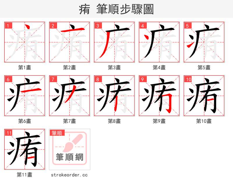 痏 的笔顺分步演示（一笔一画写字）