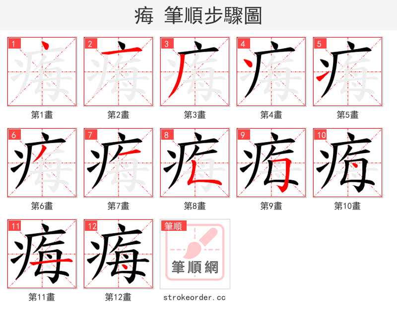 痗 的笔顺分步演示（一笔一画写字）