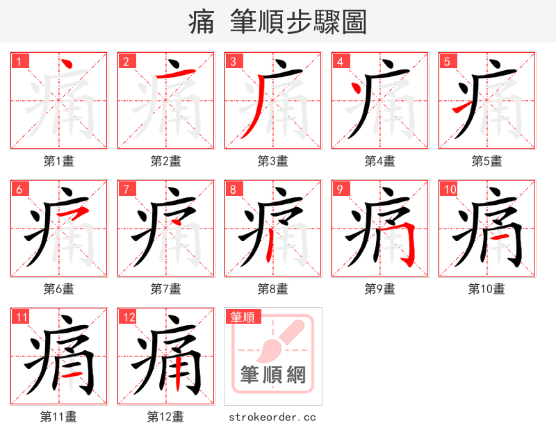 痛 的笔顺分步演示（一笔一画写字）