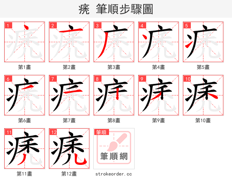 痜 的笔顺分步演示（一笔一画写字）