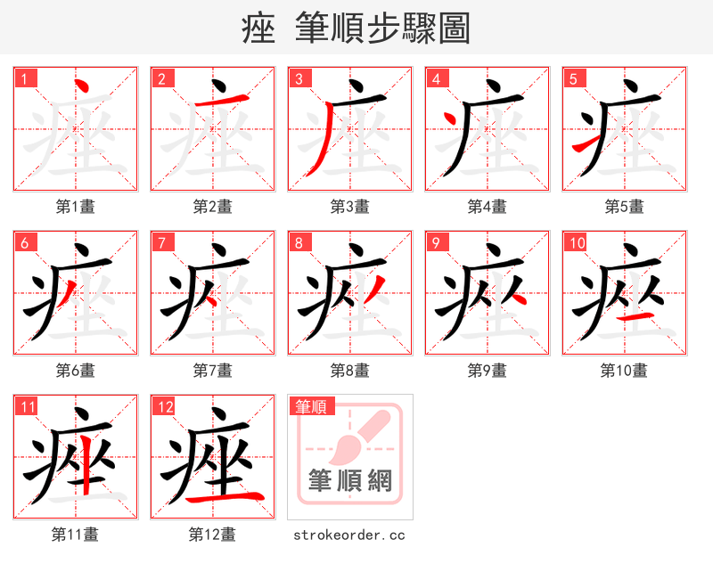 痤 的笔顺分步演示（一笔一画写字）