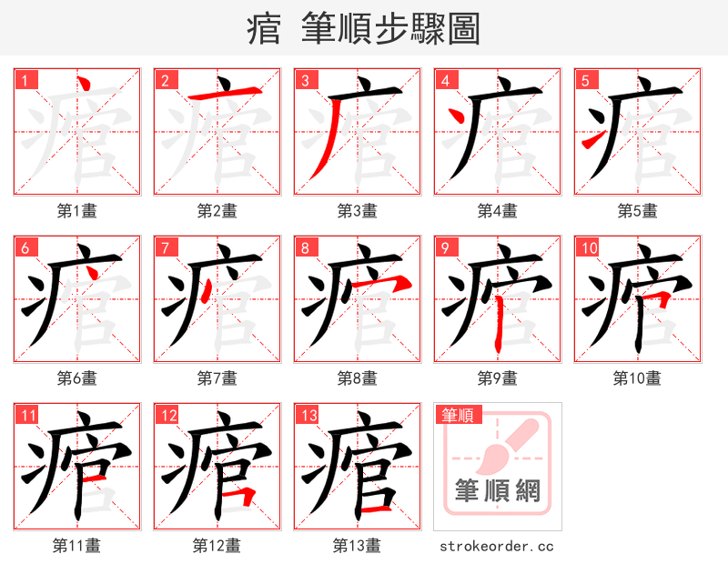 痯 的笔顺分步演示（一笔一画写字）