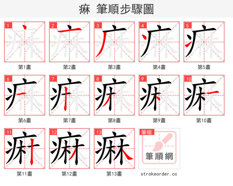 痳 的笔顺分步演示（一笔一画写字）