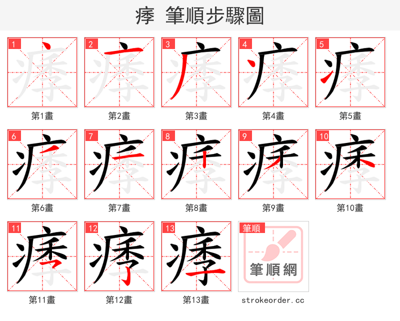 痵 的笔顺分步演示（一笔一画写字）