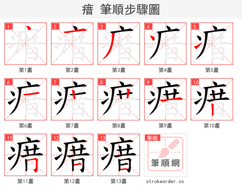 瘄 的笔顺分步演示（一笔一画写字）