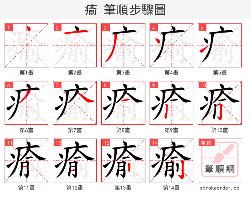 瘉 的笔顺分步演示（一笔一画写字）