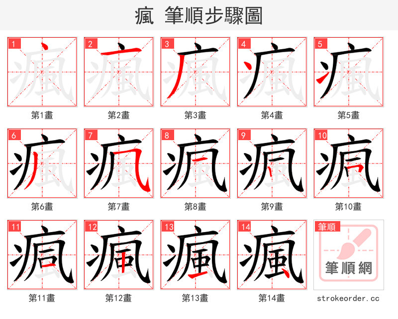 瘋 的笔顺分步演示（一笔一画写字）