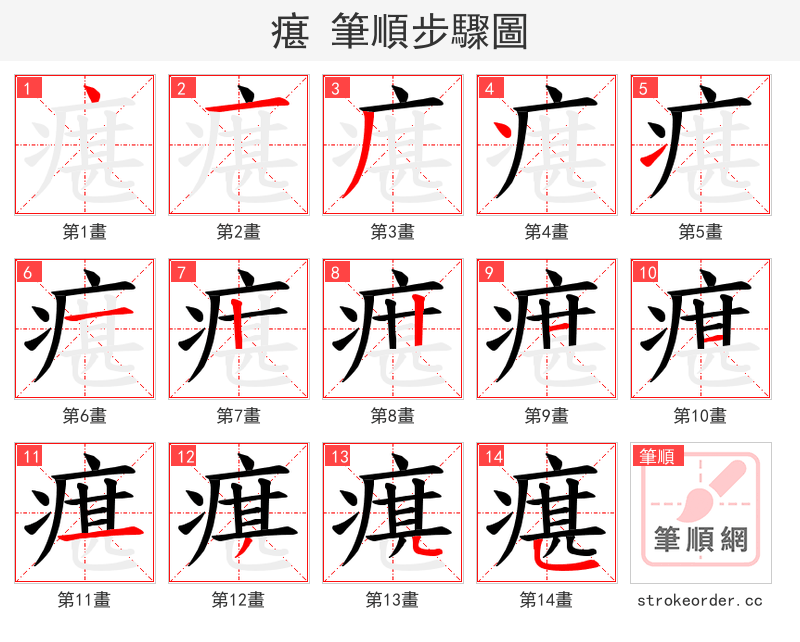 瘎 的笔顺分步演示（一笔一画写字）