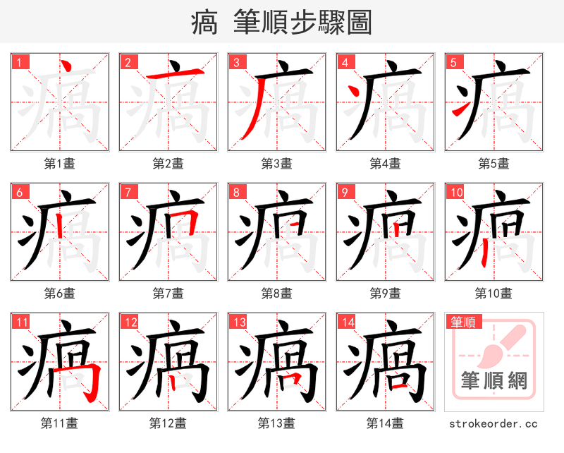 瘑 的笔顺分步演示（一笔一画写字）