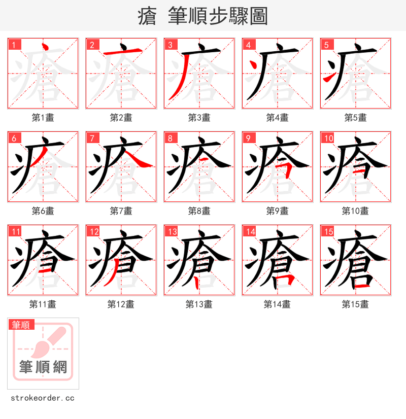 瘡 的笔顺分步演示（一笔一画写字）