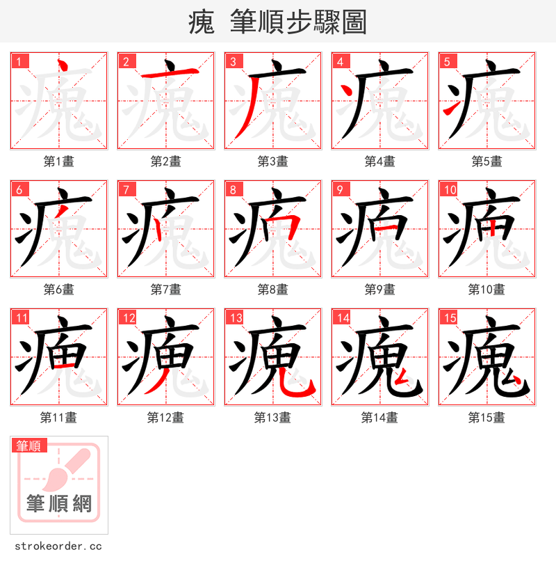 瘣 的笔顺分步演示（一笔一画写字）