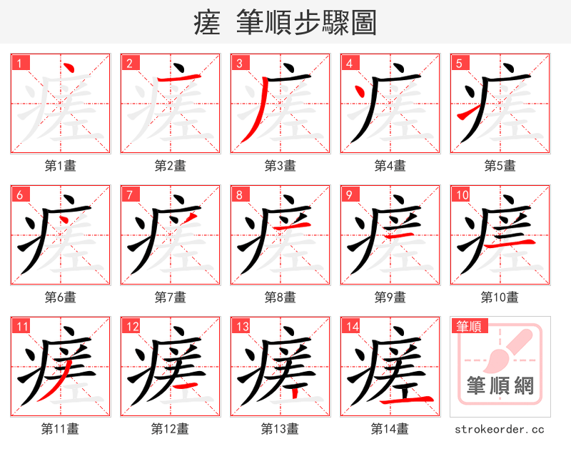 瘥 的笔顺分步演示（一笔一画写字）