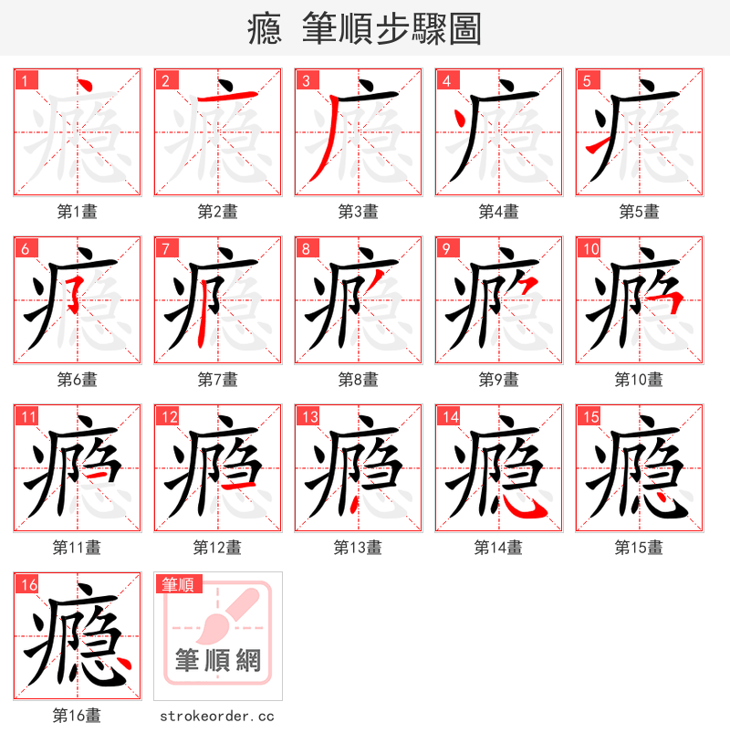 stroke order steps of 瘾
