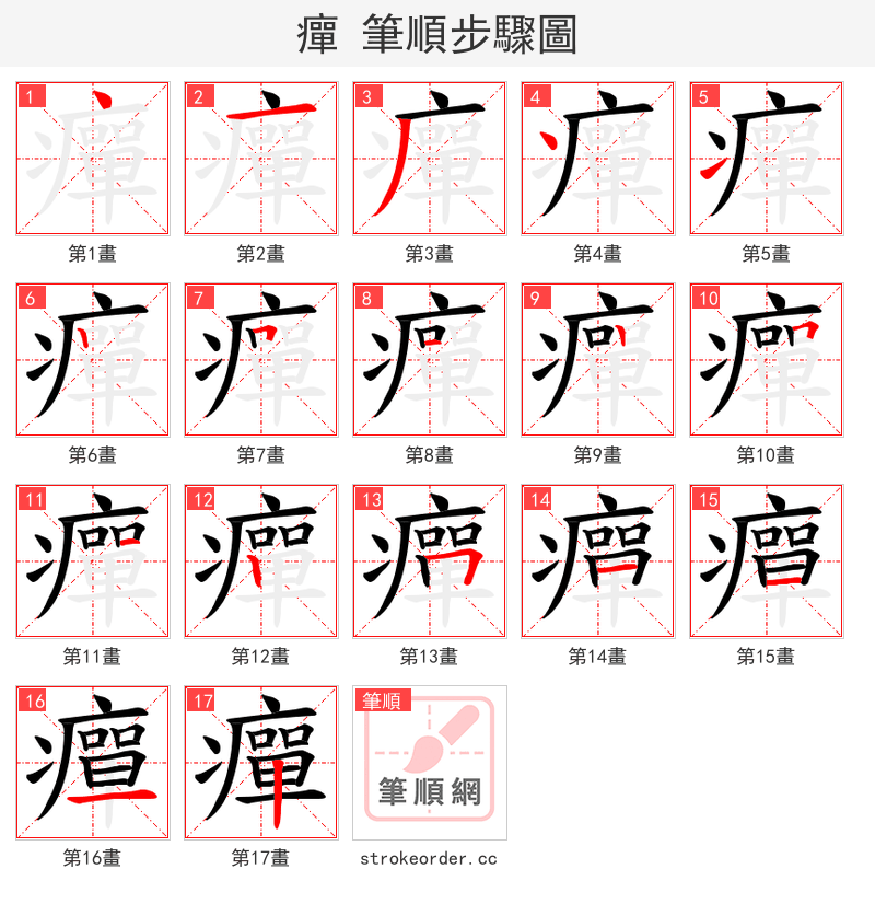 癉 的笔顺分步演示（一笔一画写字）