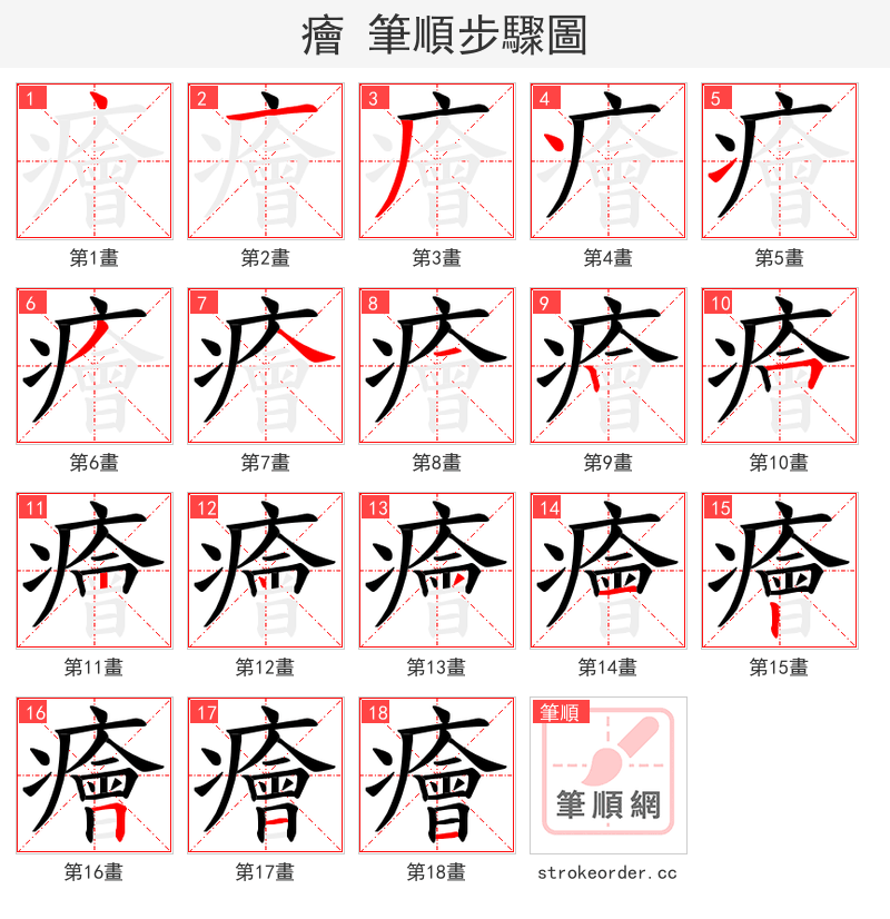 癐 的笔顺分步演示（一笔一画写字）