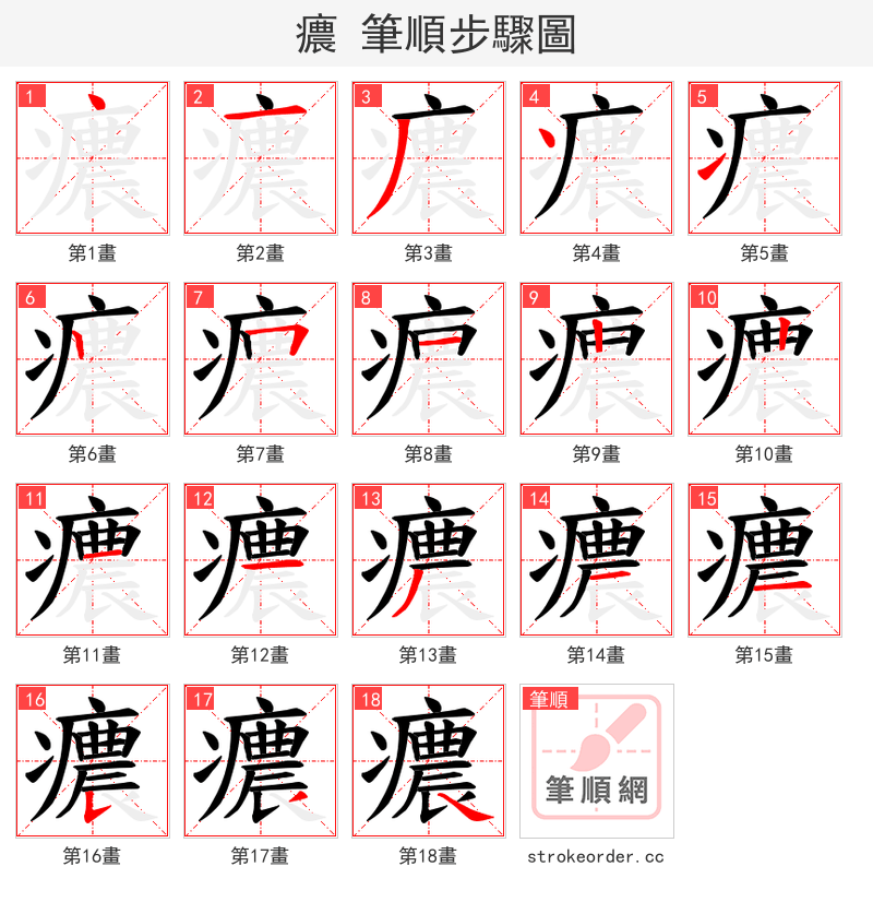 癑 的笔顺分步演示（一笔一画写字）