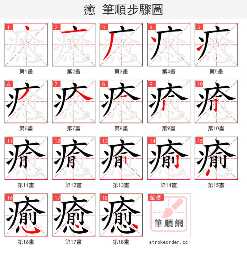 癒 的笔顺分步演示（一笔一画写字）