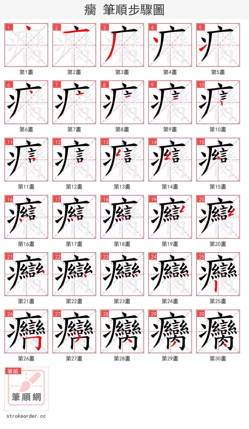 癵 的笔顺分步演示（一笔一画写字）