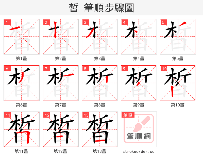 皙 的笔顺分步演示（一笔一画写字）