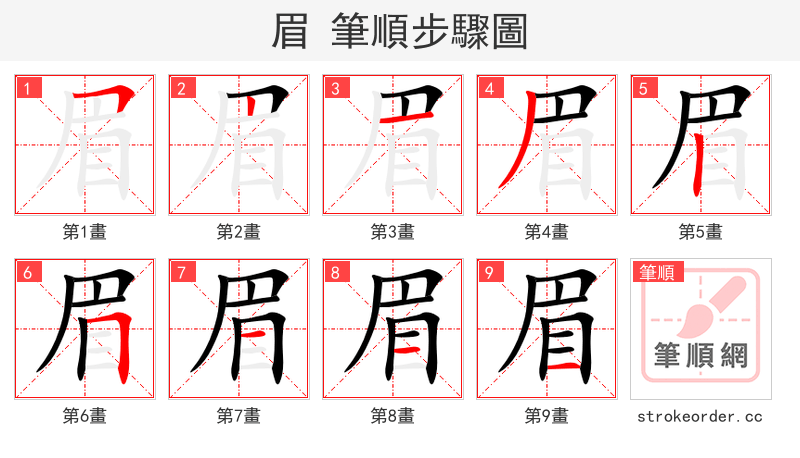 眉 的笔顺分步演示（一笔一画写字）