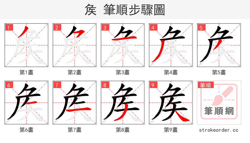 矦 的笔顺分步演示（一笔一画写字）