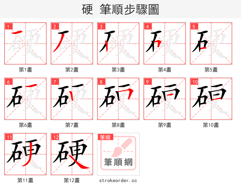 硬 的笔顺分步演示（一笔一画写字）